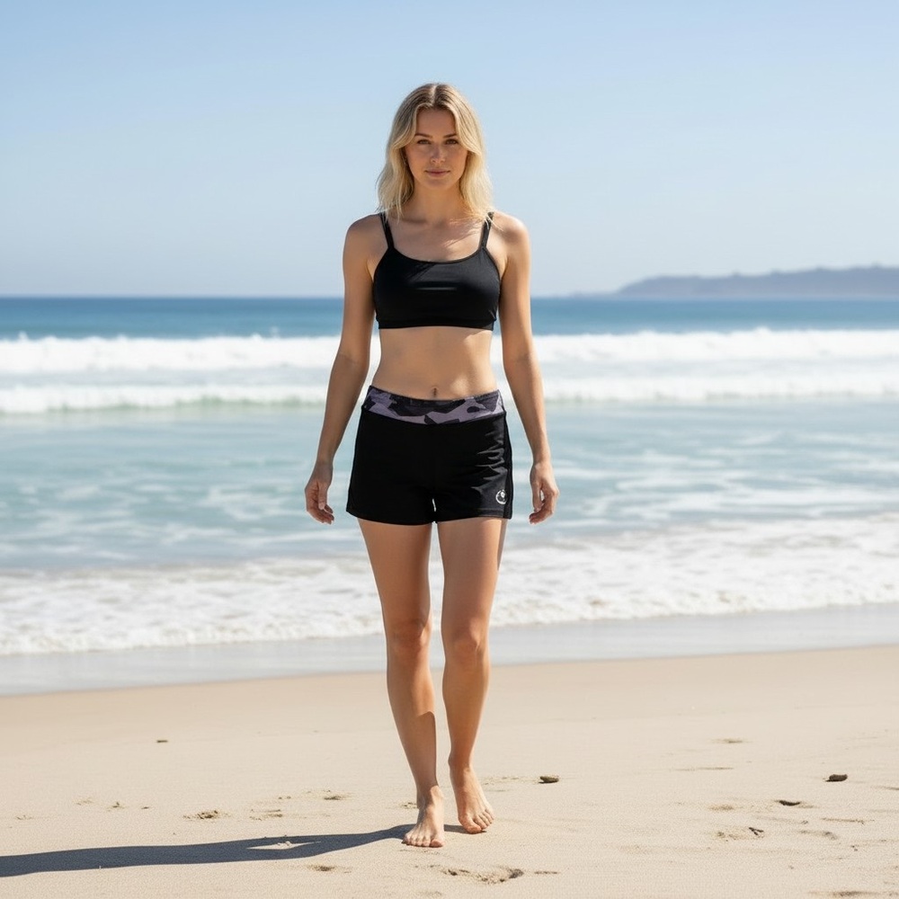🆕️Black Sports Bra and Black Swim Shorts with Purple Waistband Small